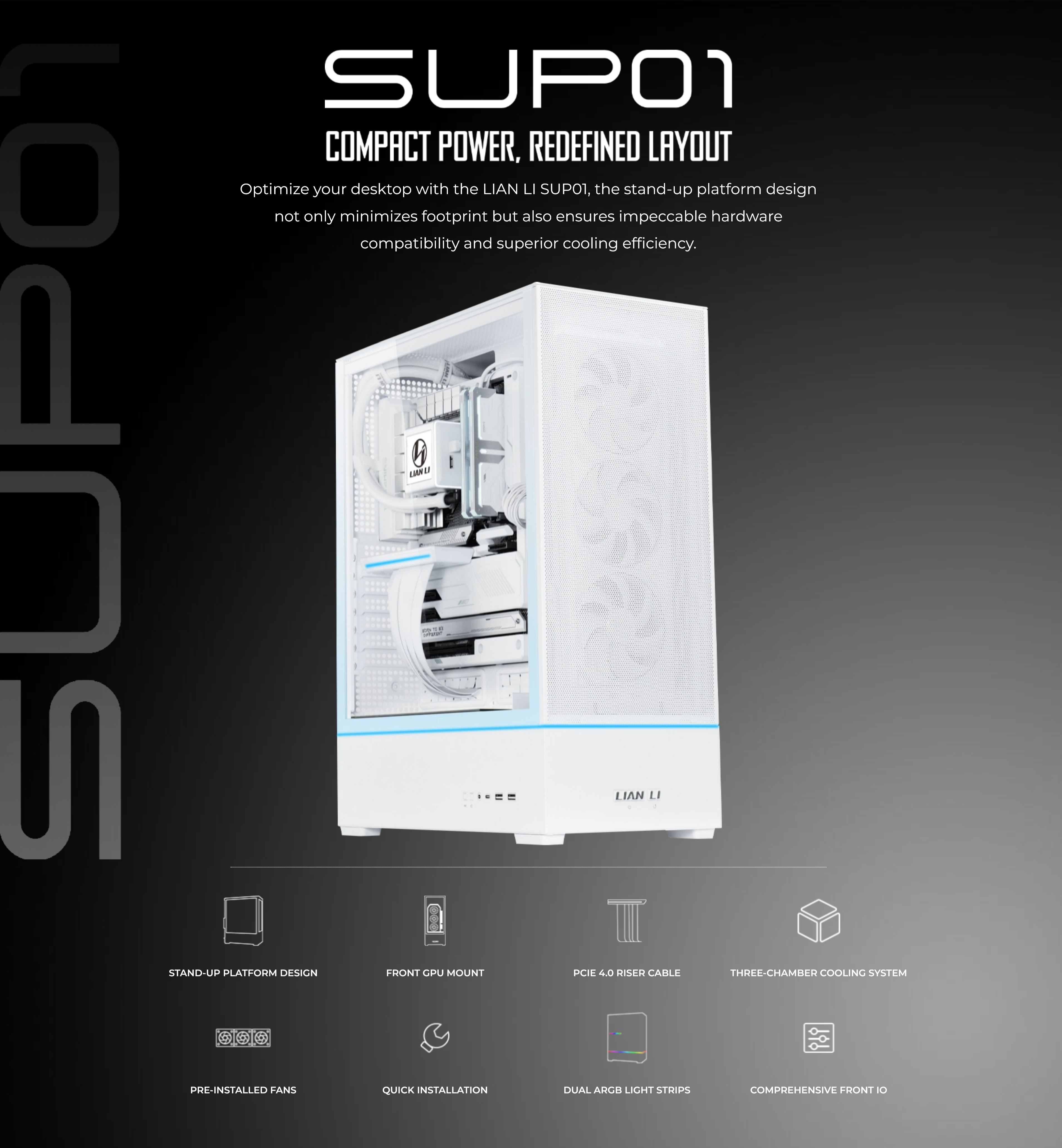 A large marketing image providing additional information about the product Lian Li SUP01 SFF Case - White - Additional alt info not provided